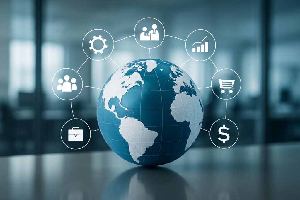 Illustration of a globe surrounded by icons representing business and global connections.