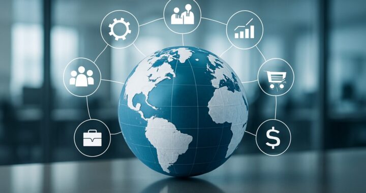 Illustration of a globe surrounded by icons representing business and global connections.