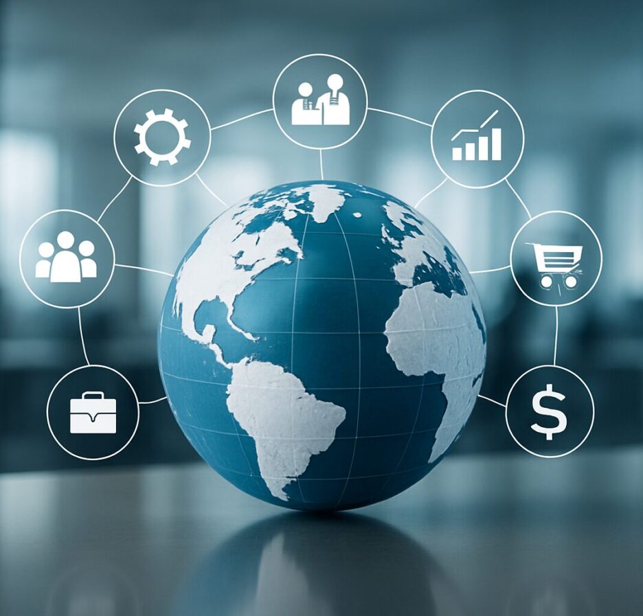 Illustration of a globe surrounded by icons representing business and global connections.